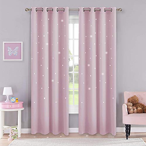 PONY DANCE Cortinas Infantiles Niñas - Cortinas con Estrellas Rosado Aislantes Térmicas Frío Calor Decoración para Salon, 2 Uds, 132 x 210 cm, Rosado