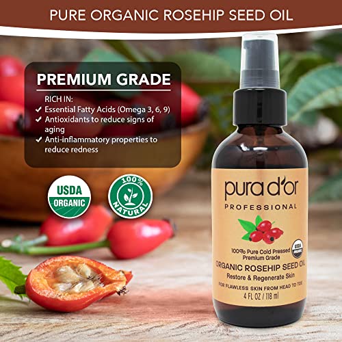 Pura D'Or (118 ml) orgánico aceite de semillas de rosa mosqueta 100% puro frío presionado, all natural tratamiento anti-envejecimiento crema hidratante para el rostro,(el embalaje pueden variar)