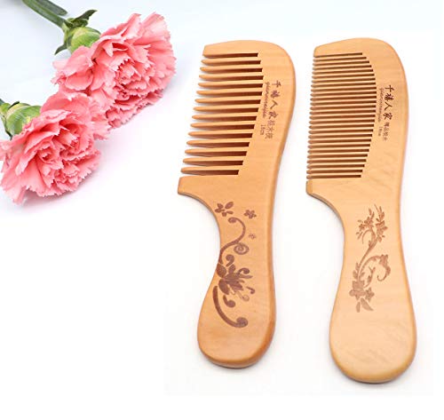 QiCheng & LYS Peine Peine de Madera de Dientes Anchos sin Peine Estático Peine de Madera Natural Para Hombres y Mujeres, Dientes Anchos Más Dientes Finos (Mango 2PCS)