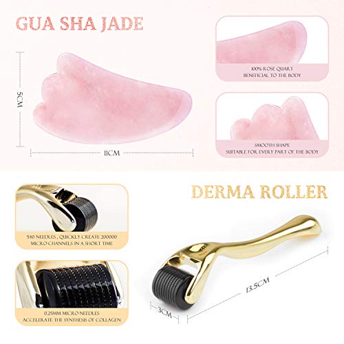 Rodillo de Jade, Masajeador Facial 3 en 1 con Gua Sha Jade y Dermaroller, Jade Roller Cuarzo Rosa 100% Natural para Masaje Facial, Rejuvenece la Piel del Rostro, Cuello y Cuerpo, Antienvejecimiento