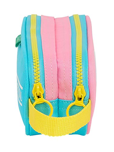 Safta 812153513 Estuche portatodo doble 2 cremalleras escolar UCB Benetton, Rosa/Turquesa/Amarillo, 21 cm x 8 cm x 6cm (M513)