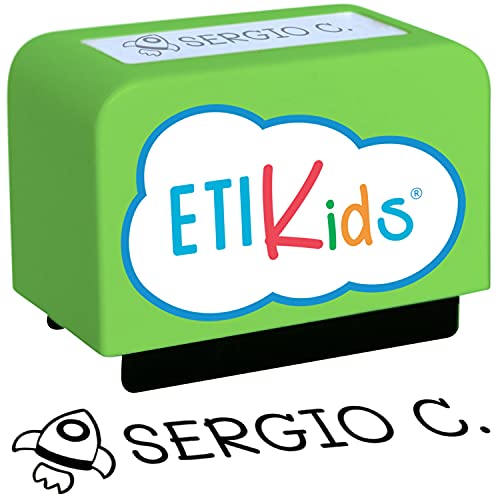 Sello personalizado con nombre e icono para marcar ropa de niños. Sello automático con tinta incluida, apta para marcar sobre textil y objetos como libros, tarjetas, juguetes, etc.