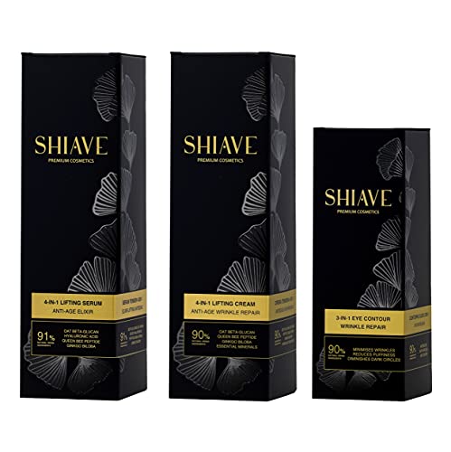 SHIAVE Pack Serum Facial + Crema Facial + Contorno Ojos. ÁCIDO HIALURÓNICO PURO – Tu potente RUTINA REJUVENECEDORA con Serum LIFTING TENSOR de día + Crema ANTIEDAD de noche + Contorno ANTIARRUGAS