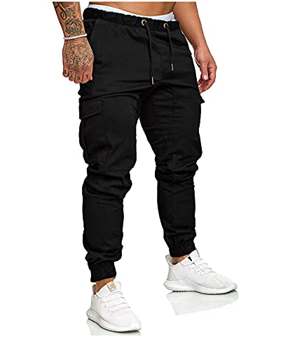 SOMTHRON Hombre Cinturón de Cintura elástico Pantalones de chándal de algodón Largo Jogging Pantalones de Carga Deportiva de Talla Grande Pantalones Cortos con Bolsillos Pantalones (BL-4XL)