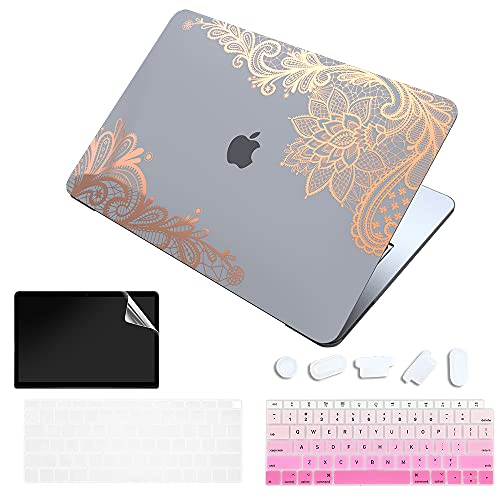 TeDaWen Funda Protectora para MacBook Air de 13 Pulgadas 2020, Pulgadas A2337 M1 A2179 A1932 con Retina, Funda para portátil bronceadora y Cubierta de Teclado, Encaje Dorado Rosa Transparente 2