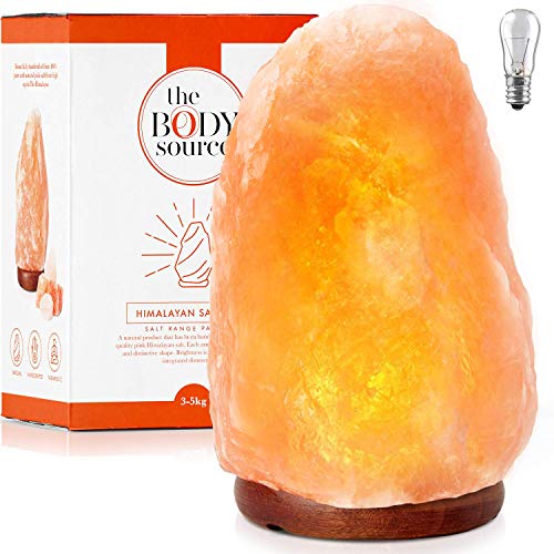 The Body Source Lámpara de Sal del Himalaya (3-5 KG) con Regulador de Intensidad - 100% Natural y Hecha a Mano con Base de Madera + Bombilla de Repuesto Incluida