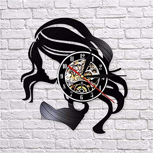 tjxu Reloj de Pared con Logo Retro de peluquería de Mujer Hermosa Hecho de Vinilo Reloj de Pared de peluquería de Mujer Hermosa