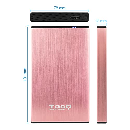 Tooq TQE-2527P - Carcasa para Discos Duros HDD de 2.5", (SATA I/II/III de hasta 9.5 mm de Alto, USB 3.0), Aluminio, Indicador LED, Color Rosa Velvet, 50 grs