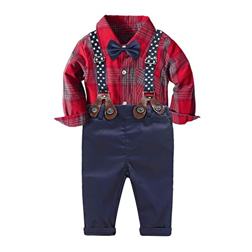 Traje de bebé niño Ropa Formal de Boda Camisa a Cuadros para bebés Varones + Pajarita + Tirantes + Pantalones Conjunto de 4 Piezas Traje de cumpleaños （Rojo, 3-4 años）