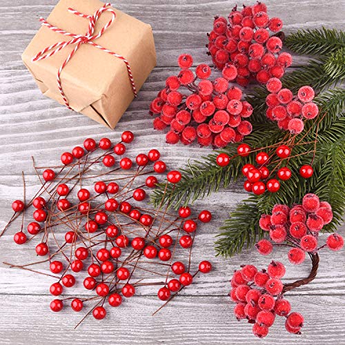 TUPARKA 310pcs Artificial Red Holly Berries Decoraciones de guirnaldas de Navidad, Suministros de fabricación de guirnaldas de Navidad(150pcs Smooth Holly + 160pcs Frosted Berry)