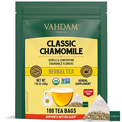 VAHDAM, Tisana de Camomila (100 Bolsitas de Té) | Ingredientes 100% Naturales | Manzanilla Infusion | SIN CAFEÍNA | Bebida para la Noche | Té de Hierbas de Sabor Floral