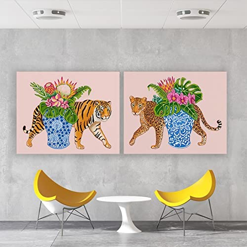 VCFHU Cuadros Decoracion Salon Impresiones ArtíSticas Chinoiserie Tiger Leopard con Tarro De Jengibre Azul Y Blanco JarróN Monstera Alocasia Deja OrquíDeas Decoracion del Hogar 60x80cm x2 Sin Marco