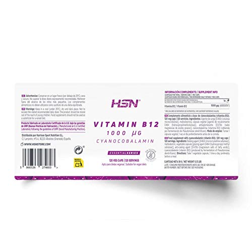 Vitamina B12 de HSN | Cianocobalamina 1000 mcg | Esencial para Veganos y Vegetarianos + Mejora el Metabolismo Energético | Sin Gluten, Sin Lactosa, 120 Cápsulas Vegetales