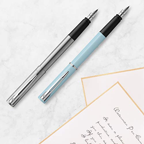 Waterman Allure pluma estilográfica | acero inoxidable con adorno cromado | plumín fino | con 12 cartuchos de tinta azul cortos | estuche de regalo