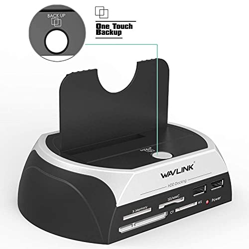 WAVLINK Base de Conexion USB 2.0 a SATA, Docking Station del Disco Duro, para HDD y SSD de 2.5'' y 3.5'', con 2 USB 2.0 y Lector de Tarjetas TF / SD / MS.