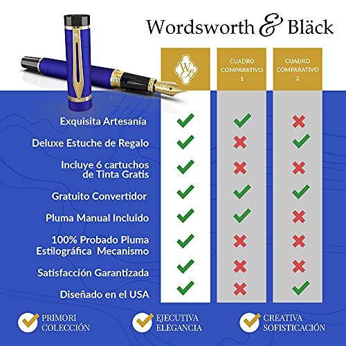 Wordsworth & Black Primori Juego de pluma estilográfica, Punta Mediana, incluye 6 cartuchos de tinta, convertidor de recarga de tinta, estuche de regalo, caligrafía, escritura suave [Oro Azul]