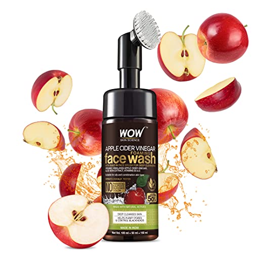 WOW Organic Apple Cider Vinegar Foaming Face Wash with Built-In Brush - No Parabens, Sulphate and Silicones, 100 ml