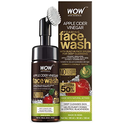 WOW Organic Apple Cider Vinegar Foaming Face Wash with Built-In Brush - No Parabens, Sulphate and Silicones, 100 ml