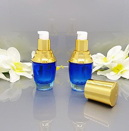 2 tarros de cristal azul reutilizable vacía de lujo con tapa dorada y almohadilla interna de maquillaje cosmético sombra de ojos botella de emulsión (botella de bomba de 30 ml)