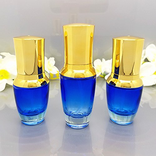 2 tarros de cristal azul reutilizable vacía de lujo con tapa dorada y almohadilla interna de maquillaje cosmético sombra de ojos botella de emulsión (botella de bomba de 30 ml)