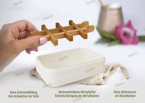 2 x jabonera sostenible, ecológica fabricada en madera de bambú natural con bandeja de goteo de fibra de bambú. Colores blanco y negro + 2 bolsas de jabón de sisal natural para peeling corporal