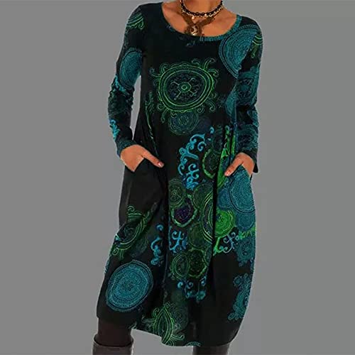 2022 Vestidos Largo para Mujer,Vestido Moda Vestido primavera Impresión Fiesta Vestidos Casual Cuello redondo Sudadera Vestidos manga Larga Elegante Vestido de Noche con bolsillo bohemios playa