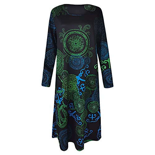 2022 Vestidos Largo para Mujer,Vestido Moda Vestido primavera Impresión Fiesta Vestidos Casual Cuello redondo Sudadera Vestidos manga Larga Elegante Vestido de Noche con bolsillo bohemios playa