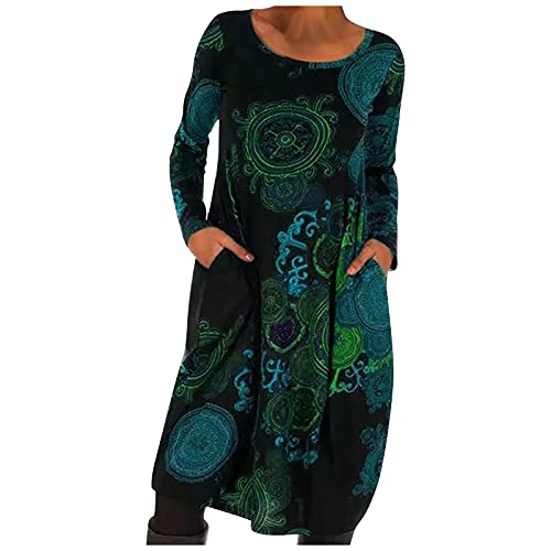 2022 Vestidos Largo para Mujer,Vestido Moda Vestido primavera Impresión Fiesta Vestidos Casual Cuello redondo Sudadera Vestidos manga Larga Elegante Vestido de Noche con bolsillo bohemios playa