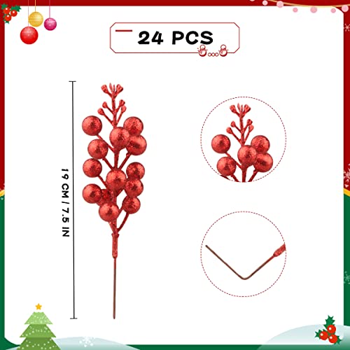 24 Piezas Decoración de Bayas Rojas Brillantes,Palillos de Bayas Rojas Artificiales Ramas de Bayas Rojas de Acebo Tallos de Bayas de Navidad para decoración de Invierno de árbol de Navidad