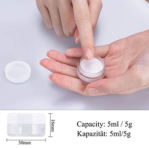 30 Piezas Tarros de Plástico, Contenedores Cosmético de Viaje Envases de Vacío Transparente con mini espátulas y etiquetas adhesivas para Cosmética Crema Muestra, Polvo, Decoración Uñas, 5g 5ml Blanco