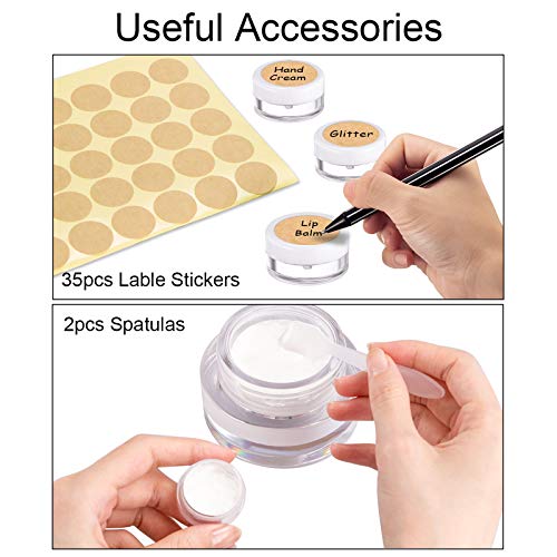 30 Piezas Tarros de Plástico, Contenedores Cosmético de Viaje Envases de Vacío Transparente con mini espátulas y etiquetas adhesivas para Cosmética Crema Muestra, Polvo, Decoración Uñas, 5g 5ml Blanco