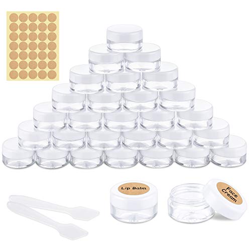 30 Piezas Tarros de Plástico, Contenedores Cosmético de Viaje Envases de Vacío Transparente con mini espátulas y etiquetas adhesivas para Cosmética Crema Muestra, Polvo, Decoración Uñas, 5g 5ml Blanco