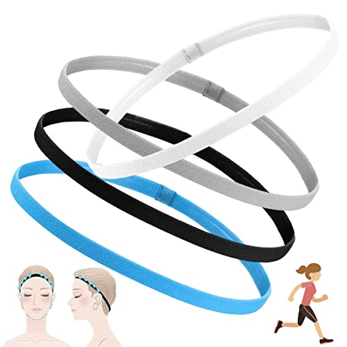 4 Piezas Cinta Elastica Pelo Deporte, FUKPO Grueso Antideslizante Diadema Deportiva Hombre Mujer, Elásticas Bandas Pelo para Correr Yoga Tenis de Futbol(Negro, Blanco, Gris, Azul)