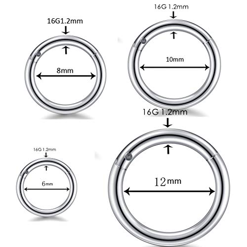 4 unidades 6/8/10/12 mm 16 G de acero inoxidable para la nariz, para hombre, mujer, para el septum, para la nariz, el labio, el cartílago, los labios, los cartílagos, los aros para hombres y mujeres