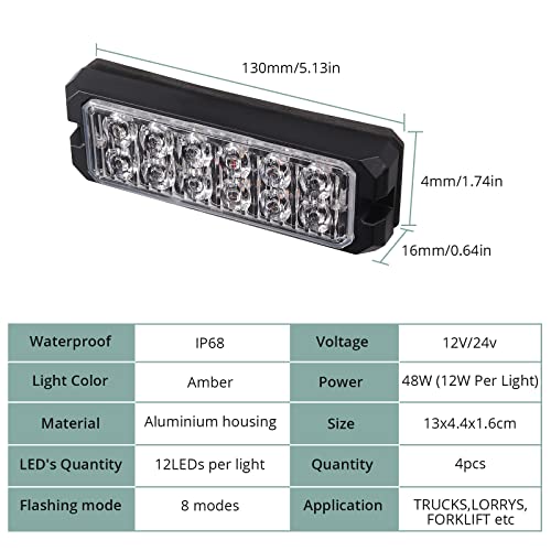 4PCS 12LEDs Luces Estroboscópicas Intermitente de Ámbar Luces,Clasificación de impermeabilidad IP68,Estroboscopica de Advertencia de Luces Emergencia para el Vehículo,Camión