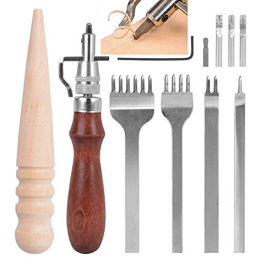 4pcs Perforadoras Herramientas Artesanales Costura Tenedores para Coser Cuero+5 en 1 Ranuradora para Artesanía de Cuero+Bruñidor de Cuero de Madera para Leathercraft