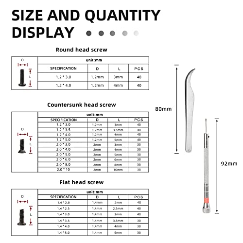 630 Piezas Kit de Reparación Micro Tornillos, 18 Tamaños de Mini Tornillo con Destornillador Multifuncional y Pinzas, para Reparar Gafas, Relojes y Pequeña Electrónica