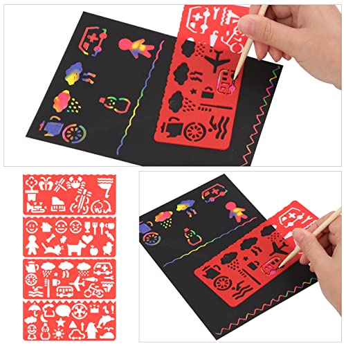 65 Piezas Juego de Arte para Rascar ImáGenes para Rascar NiñOs Manualidades Papel con Palo Bambú, Regla, Sacapuntas, Plantilla (18 * 13 Cm) para Regalos de Papel Para Rascar DIY Juguetes para NiñOs