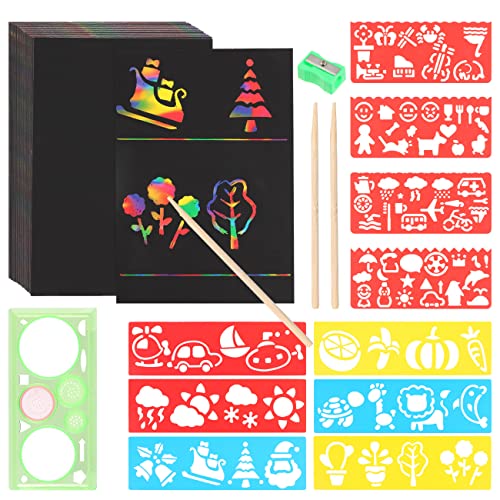 65 Piezas Juego de Arte para Rascar ImáGenes para Rascar NiñOs Manualidades Papel con Palo Bambú, Regla, Sacapuntas, Plantilla (18 * 13 Cm) para Regalos de Papel Para Rascar DIY Juguetes para NiñOs