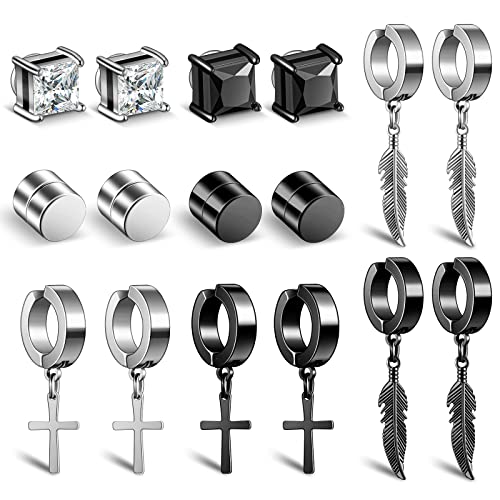 8 Pares de Pendientes Falsos Magnéticos Pendientes Postizos Pendientes de Aros de Acero Inoxidable Set de Aretes de Clip Joyas No Perforantes para Hombres Mujeres Negro Plata