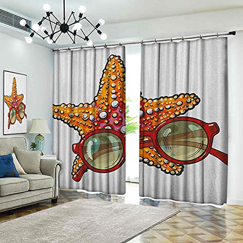 90% cortinas opacas con estrellas de mar, estrellas de mar y gafas de sol redondas de verano tropicales vacaciones temáticas de bosquejo, cortinas plisadas para dormitorio, sala de estar, 200 cm de an