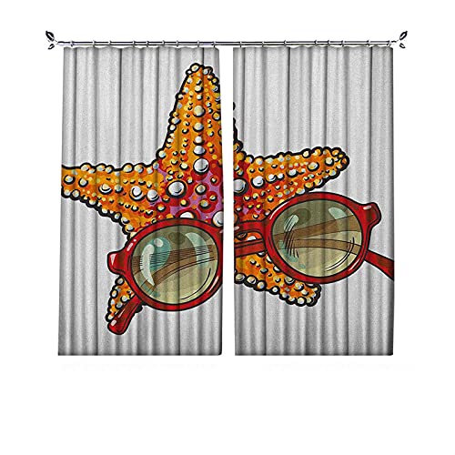 90% cortinas opacas con estrellas de mar, estrellas de mar y gafas de sol redondas de verano tropicales vacaciones temáticas de bosquejo, cortinas plisadas para dormitorio, sala de estar, 200 cm de an