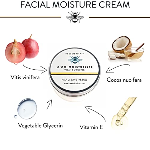 99% Natural CREMA HIDRATANTE FACIAL - SIN PERFUME - 100 g de BEES OF BRITAIN - Crema Para Pieles Sensibles, pH 5.5 no Irritante. Donamos el 5% de Ganancias Para Ayudar a Salvar Abejas y Polinizadores.