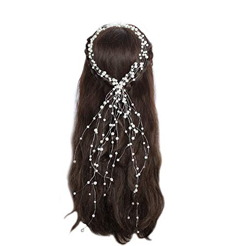 Accesorio para el pelo de novia, para boda, con borlas, para la frente, para el pelo, para novia, con perlas y brillantes, para bodas, fiestas o blanco informal