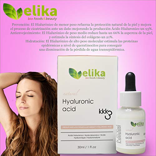 Ácido Hialurónico puro “Koko” de Elikafoods®. Sérum facial hyaluronic 3K, triple efecto antiedad, ultrahidratante y reafirmante, prevención antienvejecimiento. Indicada para todo tipo de piel, 30ml.