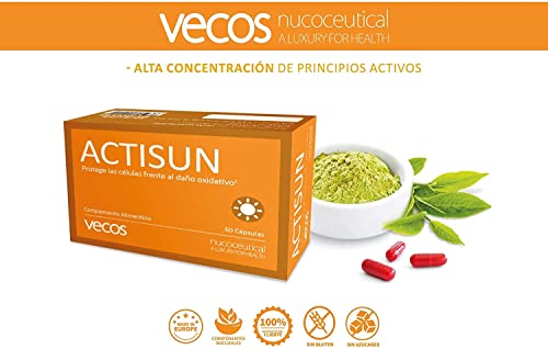 Actisun Vecos con betacaroteno para un bronceado natural y luminoso – Antioxidante con vitaminas C y E para la protección de la piel contra radiaciones ultra violetas y radicales libres – 60 cápsulas