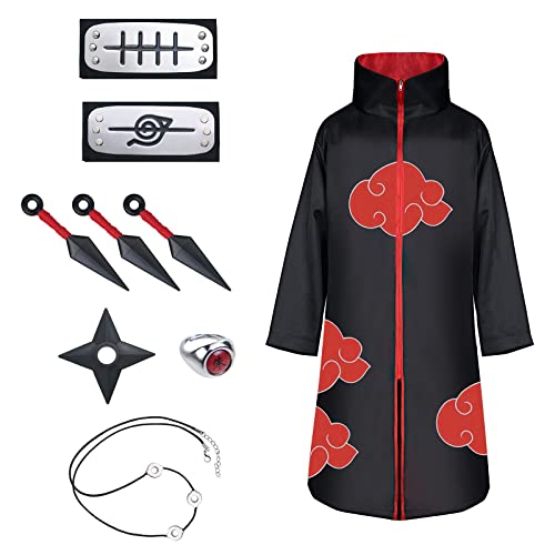 ACWOO Capa de Anime Ninja, 9PCS Set Disfraz de Capa Ninja Cosplay, Abrigo Akatsuki con Diadema Accesorios Traje, Disfraz de Carnaval para adulto y niños, unisex, Halloween, Navidad, fiesta(XXL)