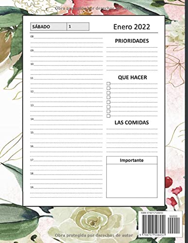 Agenda 2022 Dia por Pagina A4: Planificador 2022 Grande | 365 días del 01/01/2022 al 31/12/2022 | 1 Página = 1 Día | Horario de 08:00 a 19:00 | Calendario 2022 | 21.59 x 27.94 cm | 380 páginas