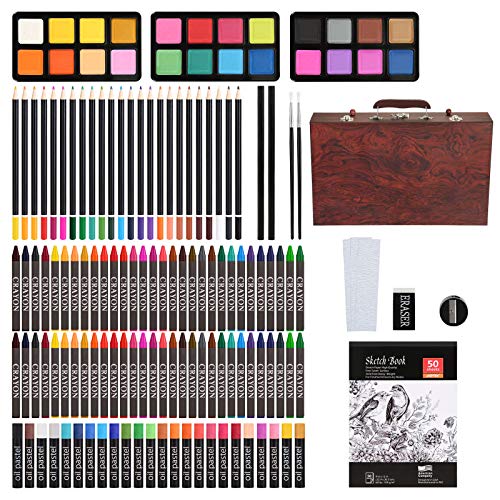 AGPtEK Conjunto de arte de lujo de 141 piezas con estuche de madera, kit de suministros de arte con crayones, lápices de colores, lápices de dibujo, sacapuntas y borrador