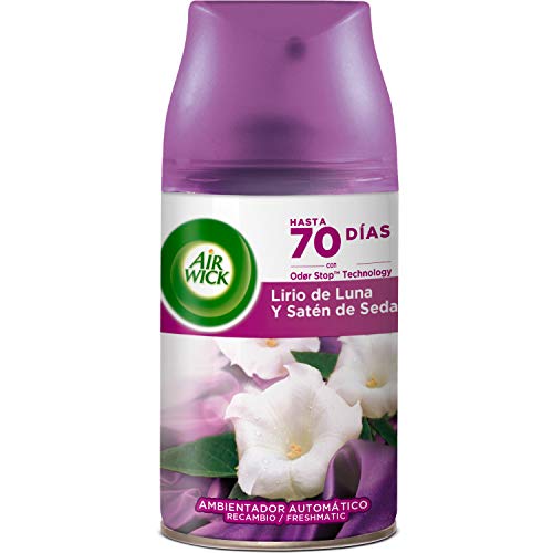 Air Wick Freshmatic - Recambio de Ambientador Spray Automático, Esencia para Casa con Aroma A, Negro, Lirio de Luna y Satén de Seda